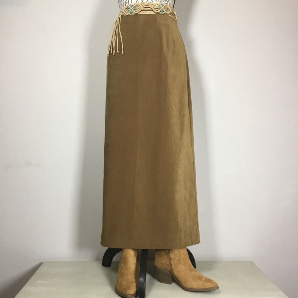 Tan faux suede western country pencil skirt slit in back waist 30” size 8